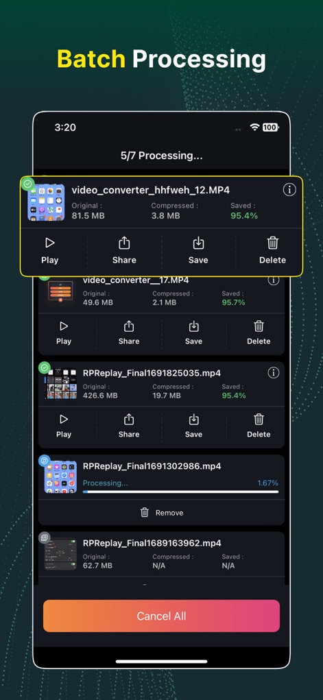 Video Converter and Compressor - Os usuários se beneficiam do processamento em lote, visualizando o status da compressão de múltiplos arquivos com a porcentagem de espaço "Saved" e opções de gerenciamento como "Play" e "Share".
