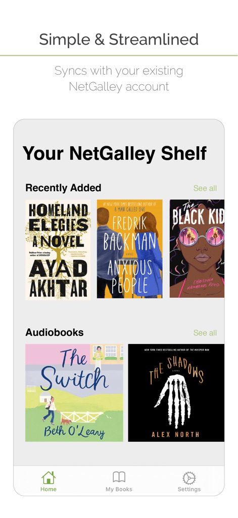 NetGalley Shelf - Esta pantalla destaca la integración sencilla con la cuenta de NetGalley existente y una sección dedicada de 'Audiobooks' para una gestión unificada del material.