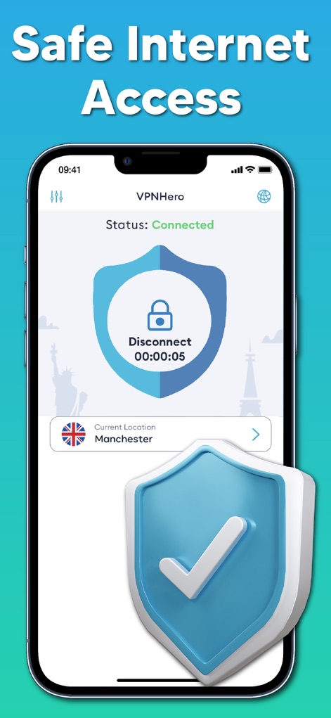 VPN Hero:Super Unlimited Proxy - このアプリは、画面中央の「Connected」ステータスと、ロックされた青いシールドアイコンによって、ユーザーのインターネット接続が安全に保護されていることを明確に示し、安心してオンライン活動を行える環境を提供します。