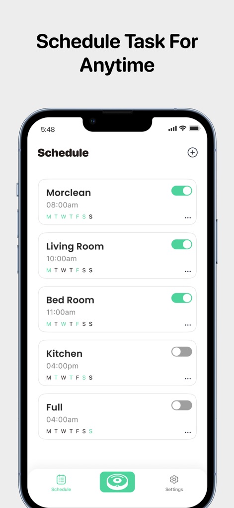 Robot Vacuum App - 이 앱은 '일정' 메뉴(일정 메뉴)에서 사용자가 원하는 요일과 시간에 맞춰 로봇 청소 작업을 세밀하게 설정할 수 있도록 하며, 각 예약의 활성화 여부를 간편한 토글 스위치(토글 스위치)로 조절합니다.