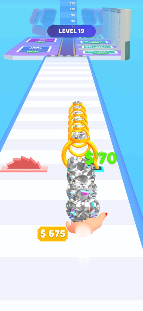 Gem Stack - La vista captura una impresionante torre de gemas, que incorpora anillos de oro y una pila de diamantes relucientes, mientras se evita una serie de peligrosas sierras.