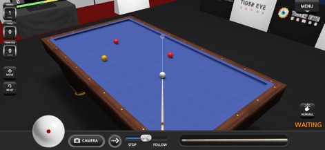 World Championship Billiards - The app showcases its intuitive aiming system with a clear cue ball trajectory line and a detailed score tracker, essential for three-cushion billiards strategy.