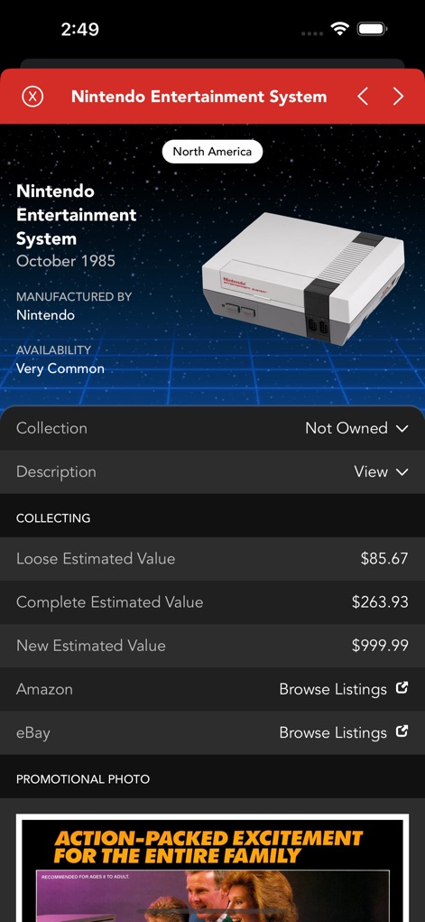 Ultimate Game Guide - Esta seção fornece detalhes abrangentes sobre o Nintendo Entertainment System, incluindo uma renderização 3D do console e estimativas de preços atualizadas para colecionáveis, auxiliando na gestão e avaliação da coleção.