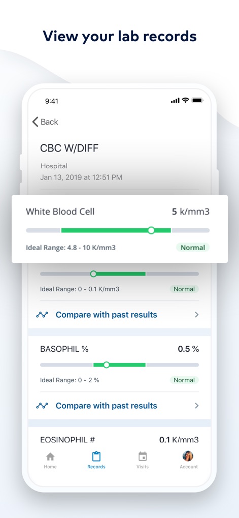 MyHealthONE - This tool offers detailed views of lab results, highlighting specific values like "White Blood Cell" counts and enabling comparison with "past results".