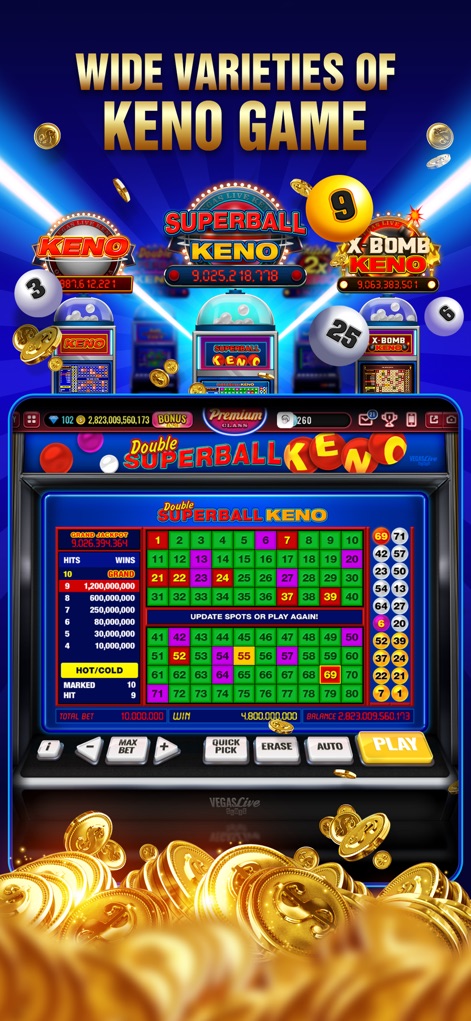 Vegas Live Slots Casino - The app offers a wide array of Keno games, demonstrated by the number selection grid and specialized "Superball Keno" options.