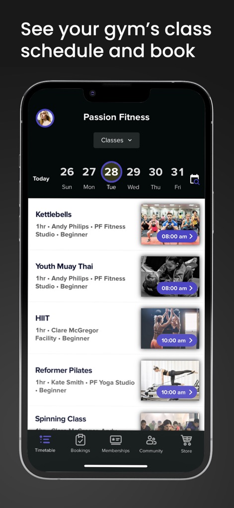 Glofox - The app presents a detailed daily class schedule, complete with specific class times, and includes an efficient date selector for future planning.