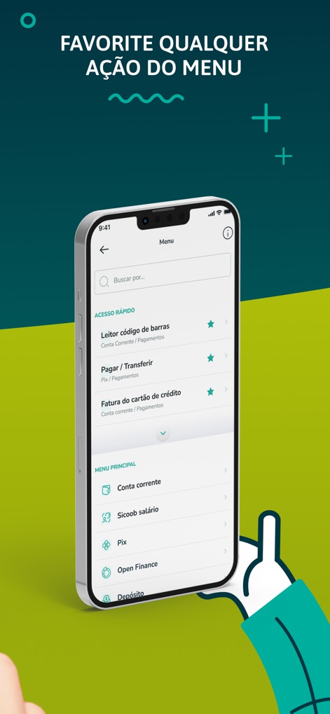 Sicoob - The app allows users to favorite any menu action for "Quick access," showcasing actions like the "Barcode reader" and "Pay / Transfer" clearly marked with star icons for enhanced convenience.