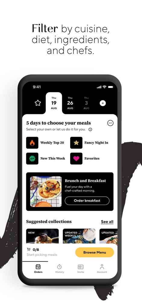 CookUnity - A Chef Marketplace - The app allows users to personalize their choices with robust filter options and browse specialized suggested collections to suit their preferences.