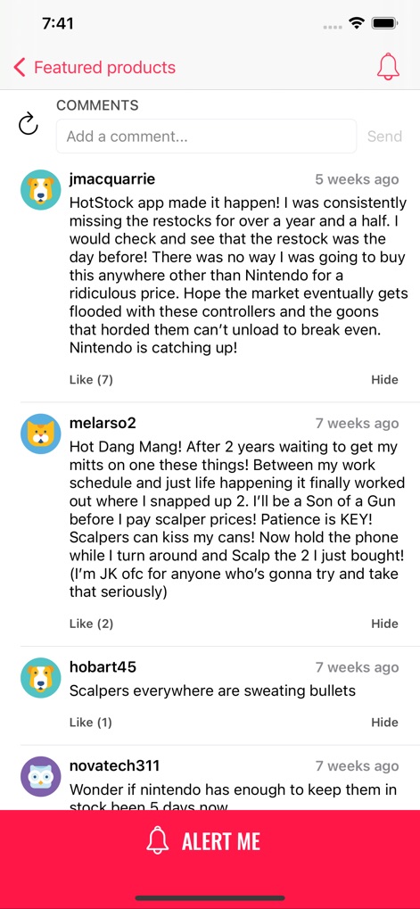 HotStock - in-stock alerts - Gain valuable insights and social proof from the 'Comments' section, where users like 'jmacquarrie' and 'melarso2' share their success stories and experiences.