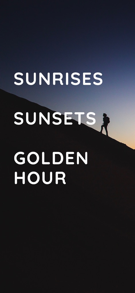 Golden Hour - このビジュアルは、写真撮影に最適な「ゴールデンアワー」という概念を明確に示しており、シルエットで表現された人物と美しいグラデーションの空によって、その魅力的な雰囲気を伝えています。