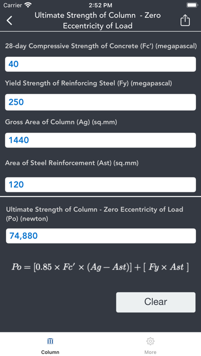 Column Construction Calculator Screenshot