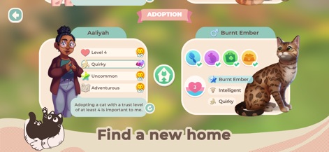 Cat Rescue Story - A interface de adoção destaca perfis detalhados de adotantes como Aaliyah e de gatos como Burnt Ember, enfatizando o processo de encontrar um lar adequado para os felinos.