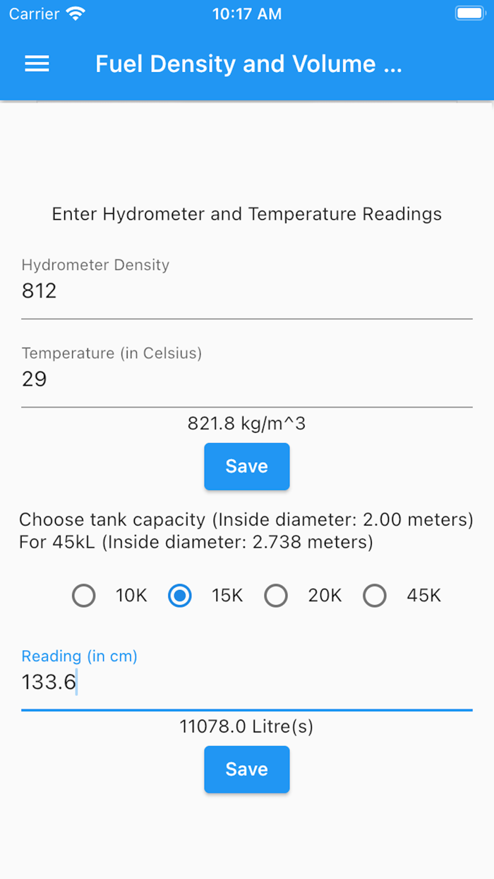 Fuel Density and Volume Calc