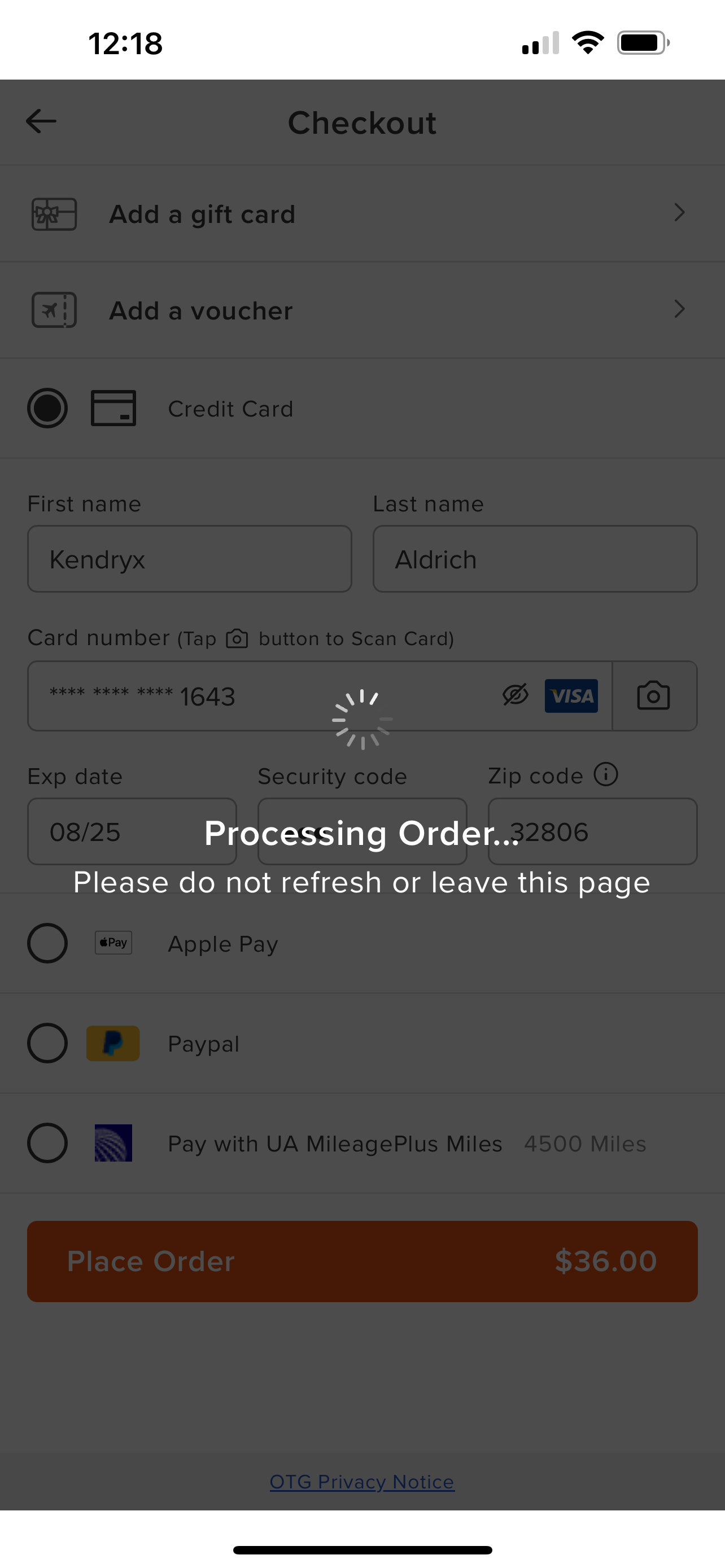 OTG: Airport Ordering