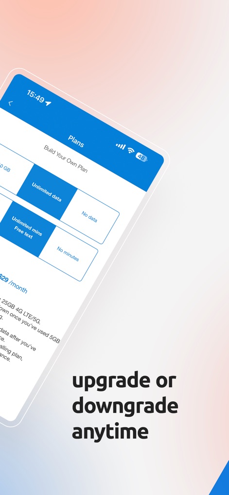 My Tello - Users can effortlessly tailor their mobile experience by utilizing the "Build Your Own Plan" interface and selecting from various data, minutes, and text options.