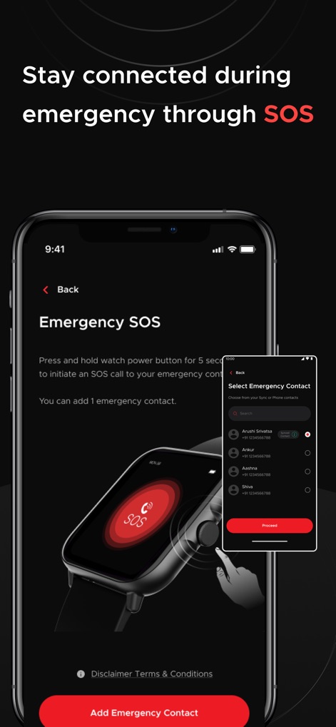 boAt Crest - Explore the app's Emergency SOS setup, illustrating how users can configure and select emergency contacts for their smartwatch.