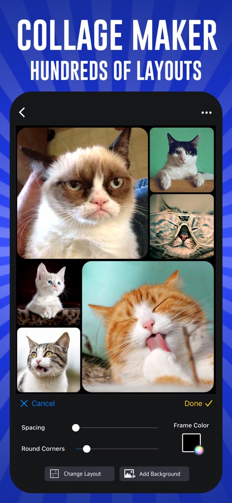 Meme Maker Pro: Make Memes - Create stunning photo collages using hundreds of layouts, with adjustable 'Round Corners' and 'Frame Color' options for complete design flexibility.