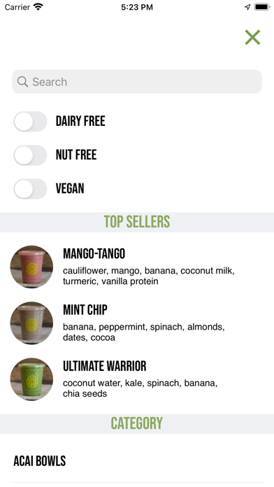 Green & Tonic Ordering Screenshot