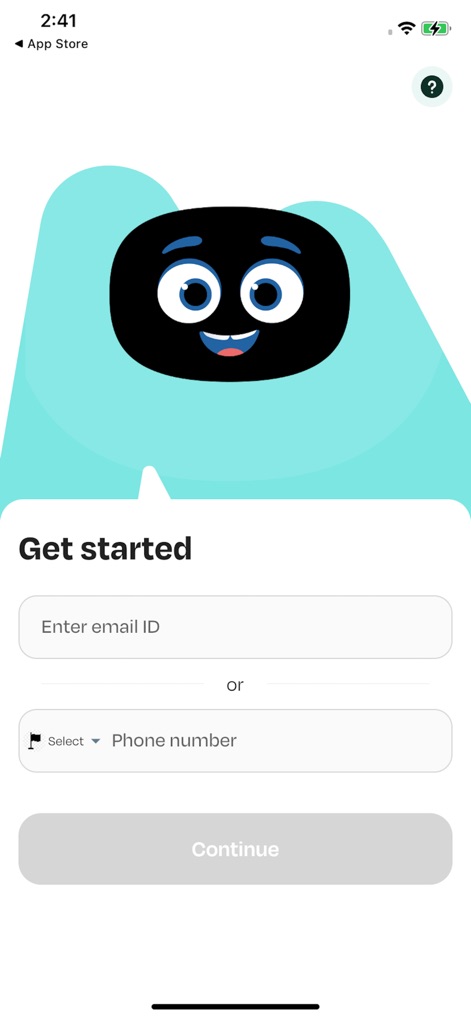 Miko - Play, Learn, & Connect - アカウント作成画面では、ユーザーはメールアドレスまたは電話番号のいずれかを選択して入力でき、明確な「Continue」ボタンで簡単に登録を開始できます。