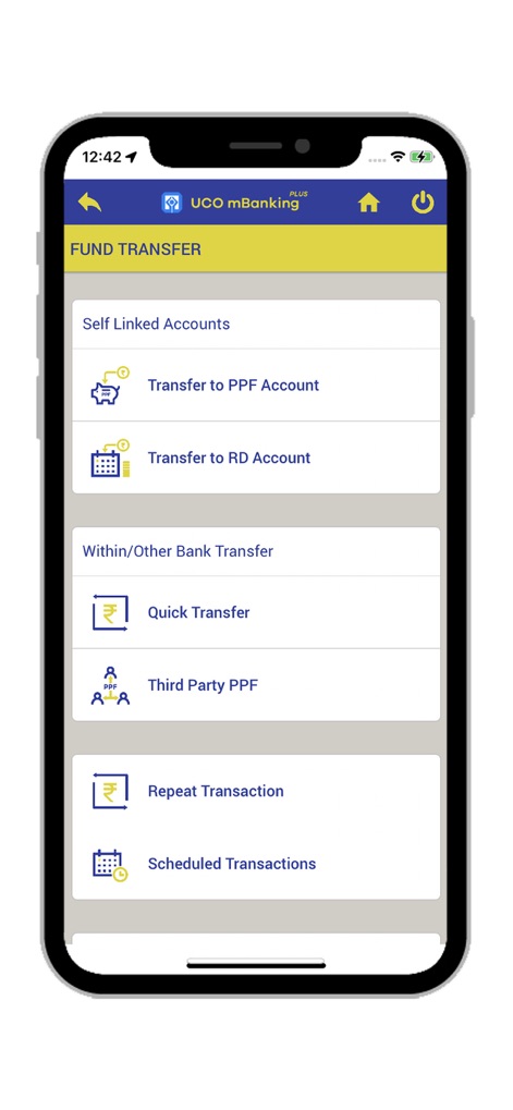 UCO mBanking Plus - この画面から、ユーザーは「PPF口座への送金」や「RD口座への送金」を通じて、安全かつ迅速に資金を移動できます。