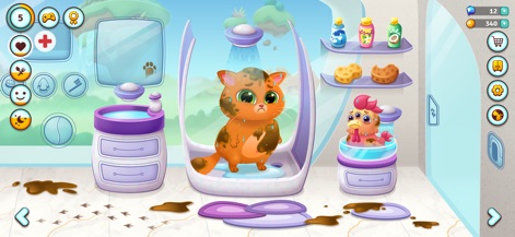 Bubbu 2 - My Pet Kingdom - The app allows users to clean their virtual pets, showcasing Bubbu and Cocco getting a thorough wash in a futuristic pet shower.