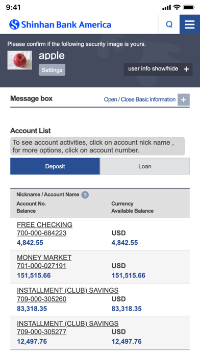 Shinhan Bank America Mobile. Screenshot