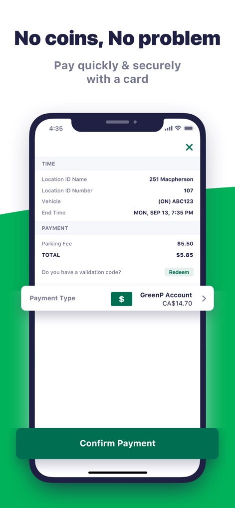 Green P - L'application affiche le récapitulatif de paiement, incluant le montant total dû et les diverses méthodes de paiement disponibles, garantissant une transaction fluide.