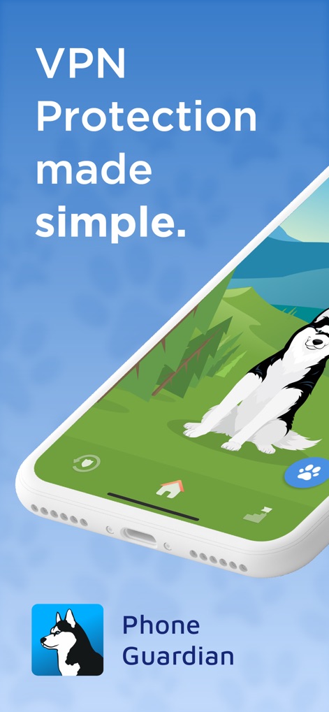 Phone Guardian Safe Mobile VPN - The app introduces its core benefit with clear "VPN Protection made simple" text and features its friendly Max the Husky mascot.