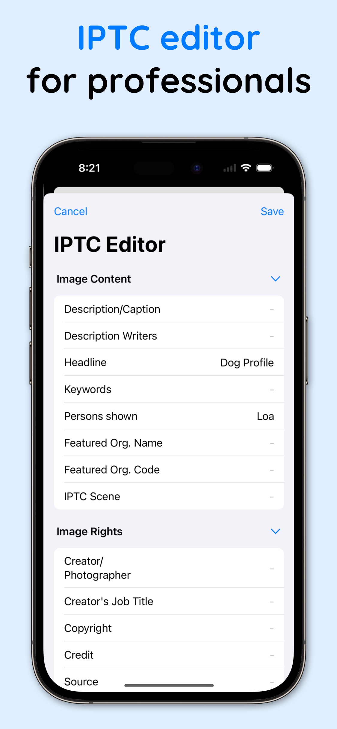 Screenshot do app Exif Metadata Editor & IPTC