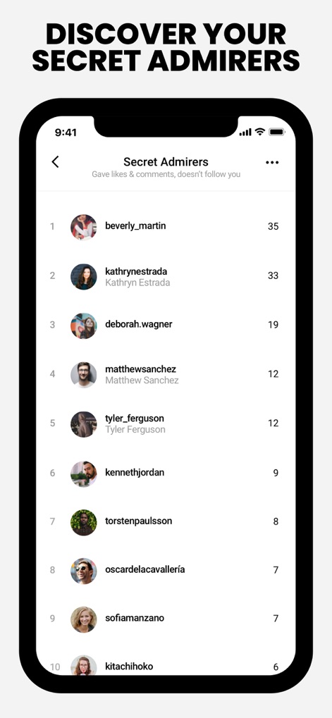 FollowMeter for Instagram - Users can discover their most engaged profile visitors, featuring a ranked list of "Secret Admirers" and the number of likes/comments given.