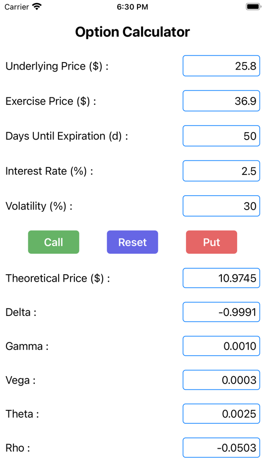 #2. Easy Option Calculator (iOS) Podle: Guoli Jian