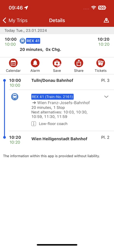 ÖBB Scotty - This screen offers a detailed overview of a saved trip, including its duration and number of changes, alongside practical options to add to a calendar or set an alarm.