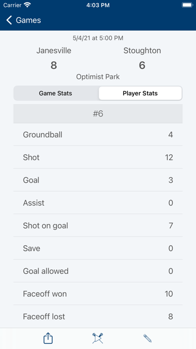 Men’s Lacrosse Stats Screenshot