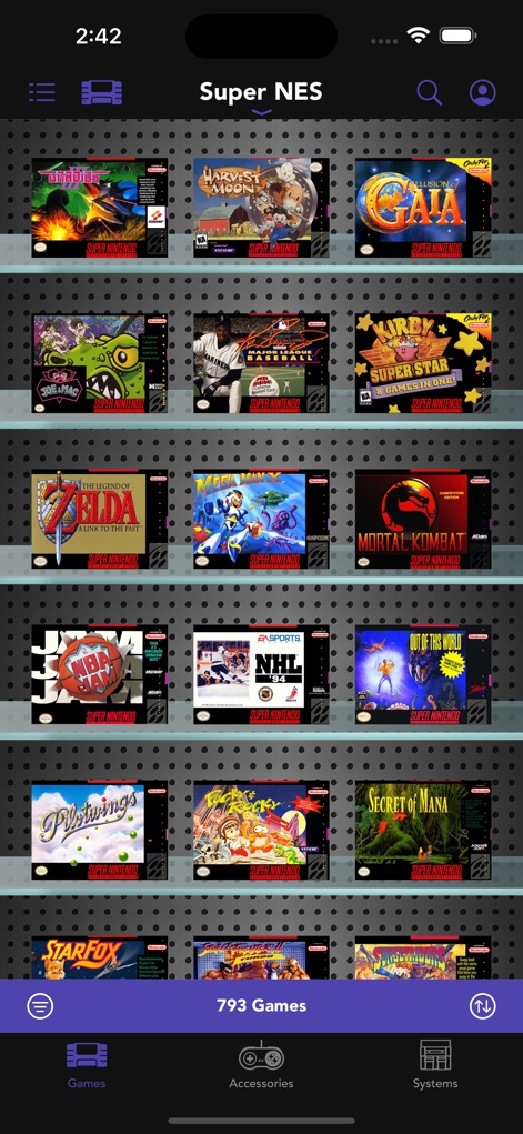 Ultimate Game Guide - A ferramenta apresenta a vasta coleção de jogos Super NES, com uma organização visual em grade de capas e o filtro explícito para o sistema Super NES, facilitando a exploração de 793 títulos.