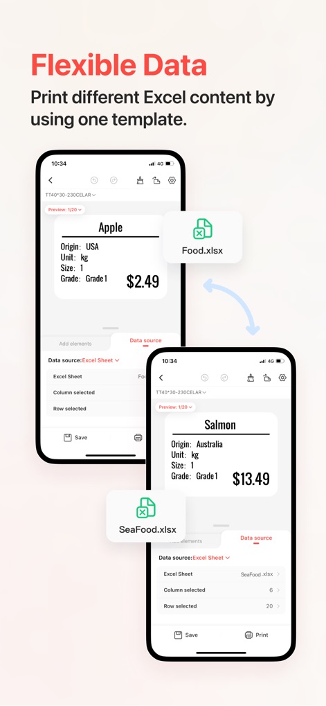 NIIMBOT - Witness how the app seamlessly integrates Excel content, allowing users to populate a single label template with varying product data like 'Apple' and 'Salmon'.