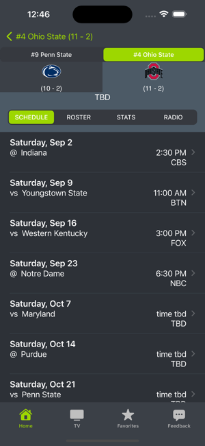 Snímek obrazovky College Football Schedules '23