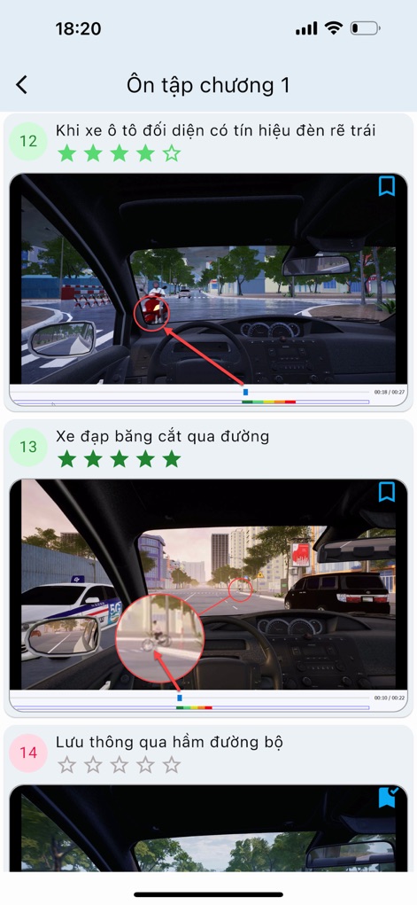 Ôn 120 mô phỏng THGT v2.0.0 - アプリは、個々の交通状況の視覚的なプレビューと、ユーザーが進行状況を追跡できるスター評価システムを表示し、特定の危険を強調する赤い矢印と拡大された詳細を提供します。