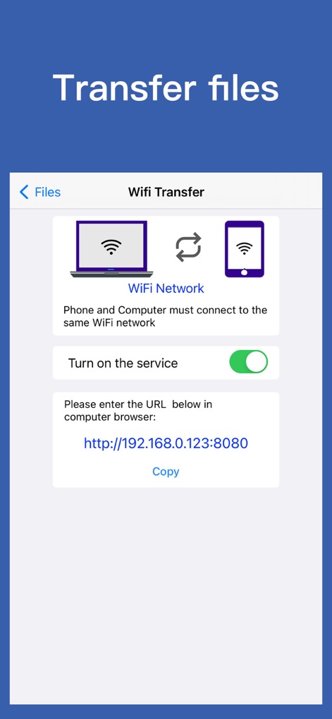 iRAR - zip,rar,7z file opener - Users can easily transfer files wirelessly between devices via Wi-Fi, using the "Turn on the service" toggle and a generated IP address URL for simple access.