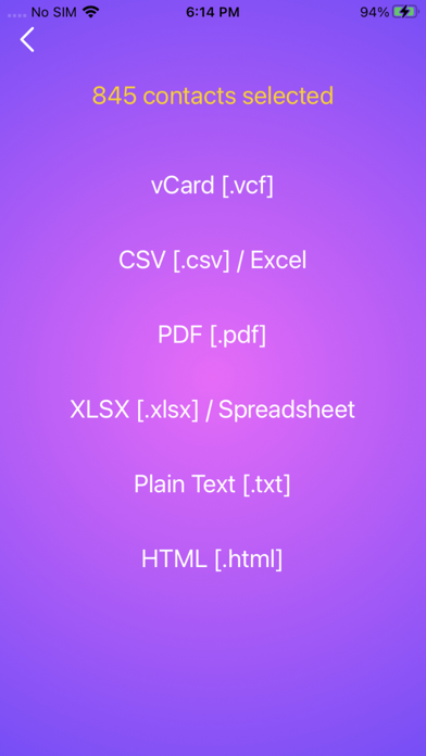 contacts to pdf, xlsx, vcf Screenshot