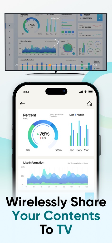 Screen Mirroring - TV Cast - Leverage the app for business, mirroring detailed "data visualizations" and "financial dashboards" from a mobile device directly onto a large screen for clear presentations.