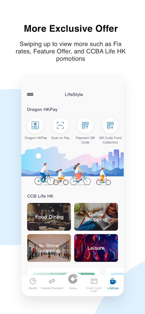 CCB (HK&MO) Mobile App - Explore the 'Lifestyle' channel for dynamic benefits, allowing users to discover 'CCB Life HK promotions' and access various payment options like 'Dragon HKPay'.