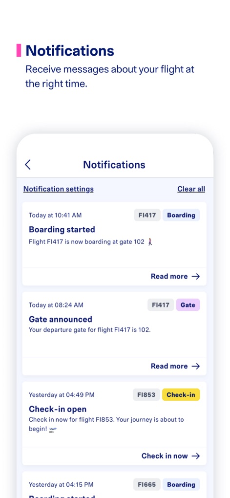 Icelandair - The app ensures users stay informed with timely flight updates, presented in a chronological notification list and featuring clear flight status indicators.