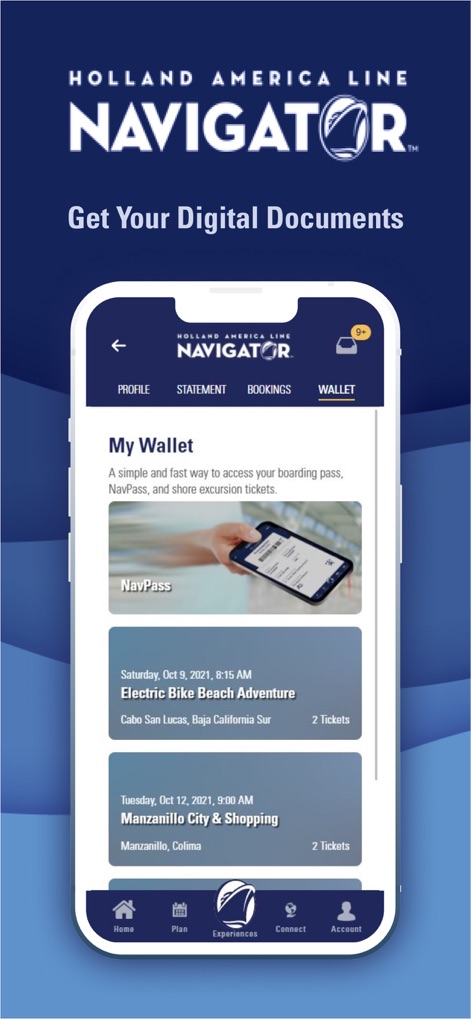 Holland America Line Navigator - The app provides a convenient 'My Wallet' feature for accessing essential documents, including the 'NavPass' and tickets for activities such as the 'Electric Bike Beach Adventure'.
