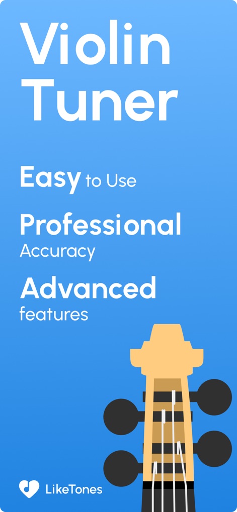 Violin Tuner - LikeTones - L'interface d'introduction met en évidence les atouts majeurs de l'application, soulignant son utilisation simplifiée et la précision professionnelle de son moteur d'accordage.