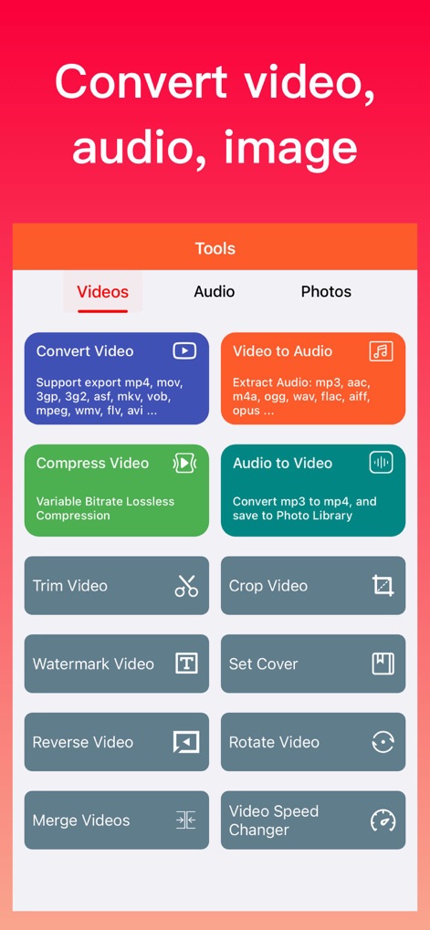 Video Converter - mp4 to mp3 - Discover the app's intuitive main dashboard, showcasing categorized tool selections like 'Convert Video' and 'Trim Video' for quick access to essential media functions.