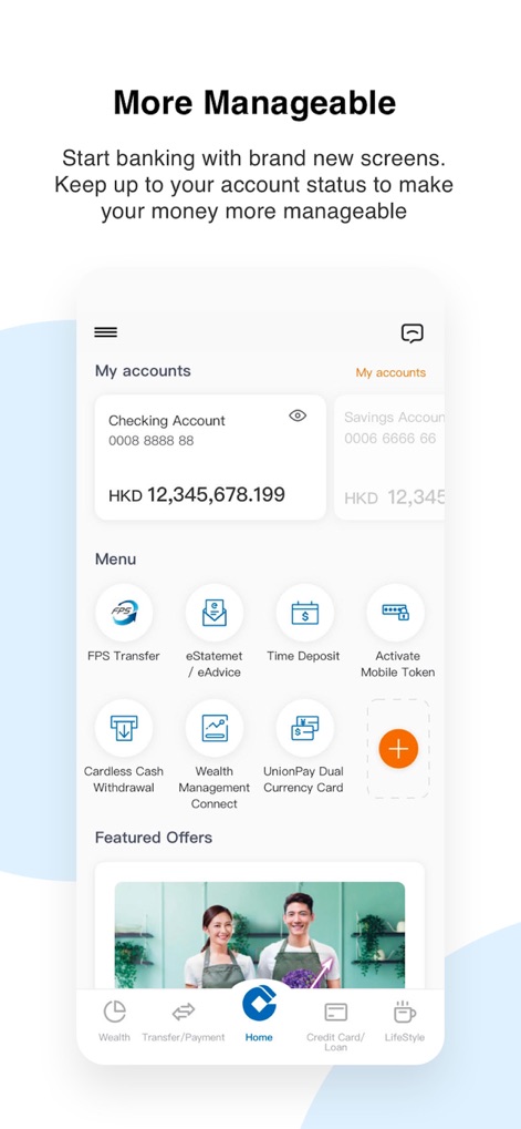 CCB (HK&MO) Mobile App - The app presents refreshed new screens for account management, featuring an enhanced bottom navigation menu with channels like 'Home' and 'Wealth' for intuitive control.