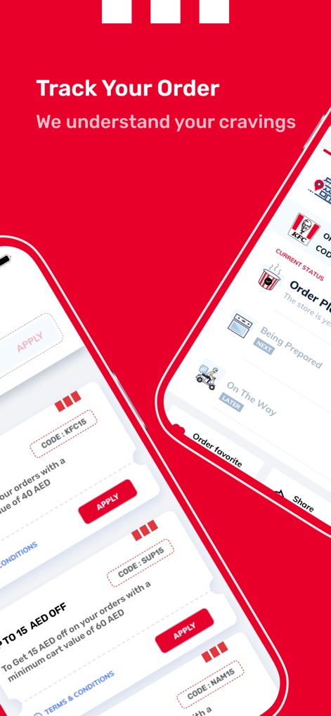 KFC UAE - Order Food Online - The app provides a clear order tracking interface, showing progress steps like "Order Placed" and "Being Prepared" along a visual timeline.