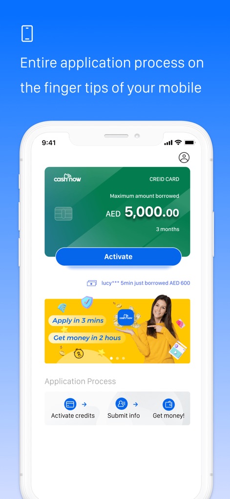 CashNow-Safe Loan App - See how the app streamlines borrowing with its maximum amount display and intuitive three-step application progress tracker.