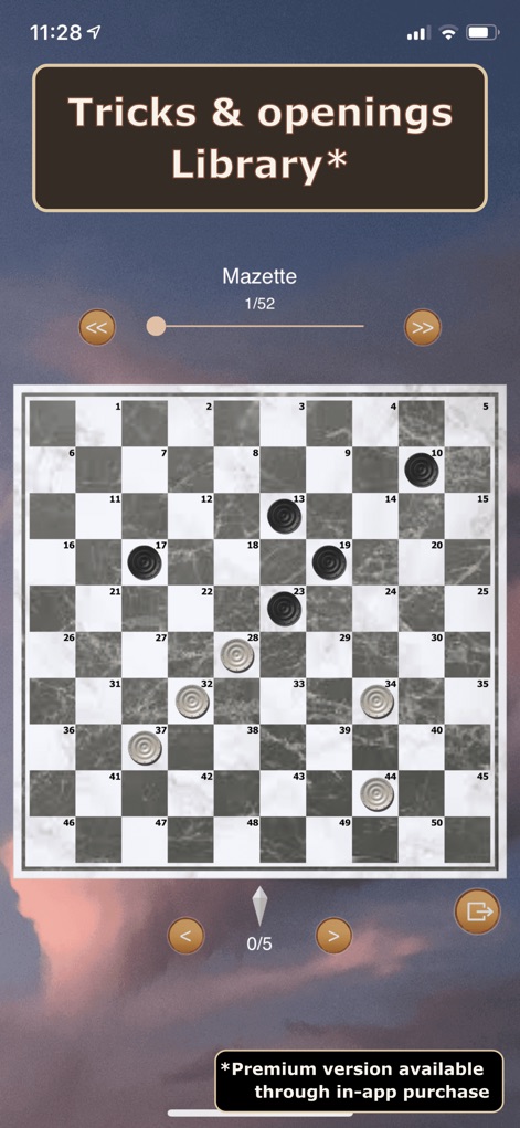 Checkers game - Enhance tactical skills using the 'Tricks & openings Library', showcasing a numbered 10x10 board to visualize specific moves and a slider for navigating through different strategies.