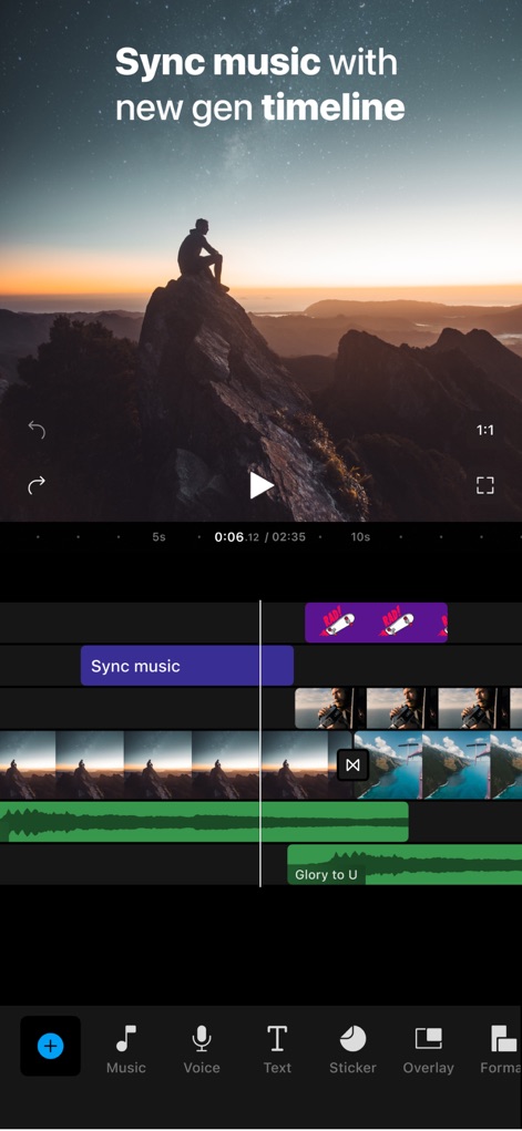 Filmr - Pro Video Editor - Die App ermöglicht eine nahtlose Synchronisation von Musik mit der Video-Timeline, erkennbar an der visuellen Darstellung der Musikspur und den Beat-Markierungen.